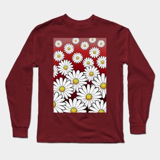 daisies retro style pattern on a dark red maroon background Long Sleeve T-Shirt